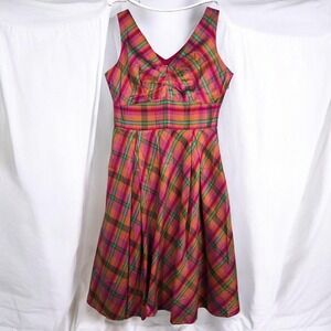 Coldwater Creek Dress Size 12 100% Silk Tartan Plaid Fit and Flare Pink Orange